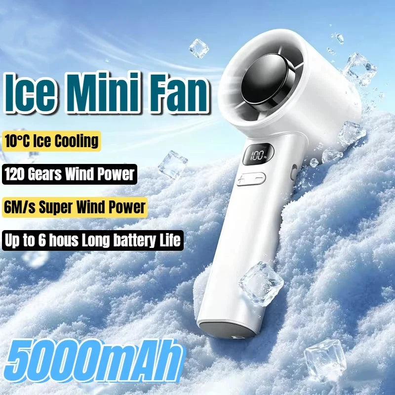 5000mAh Handheld Mini Fan – USB Rechargeable, Ice Compress Cooling, LED Display, 3 Speeds