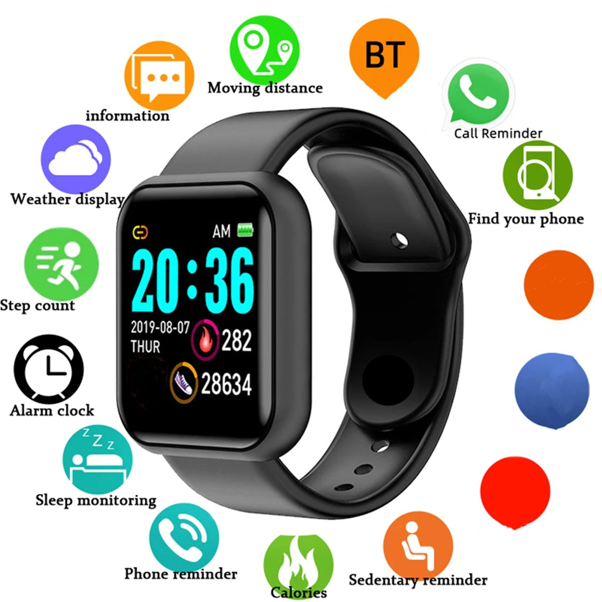R.E.D. Shopping smartwatch with message notifications and fitness tracking display on a black band, compatible with Android and iOS.