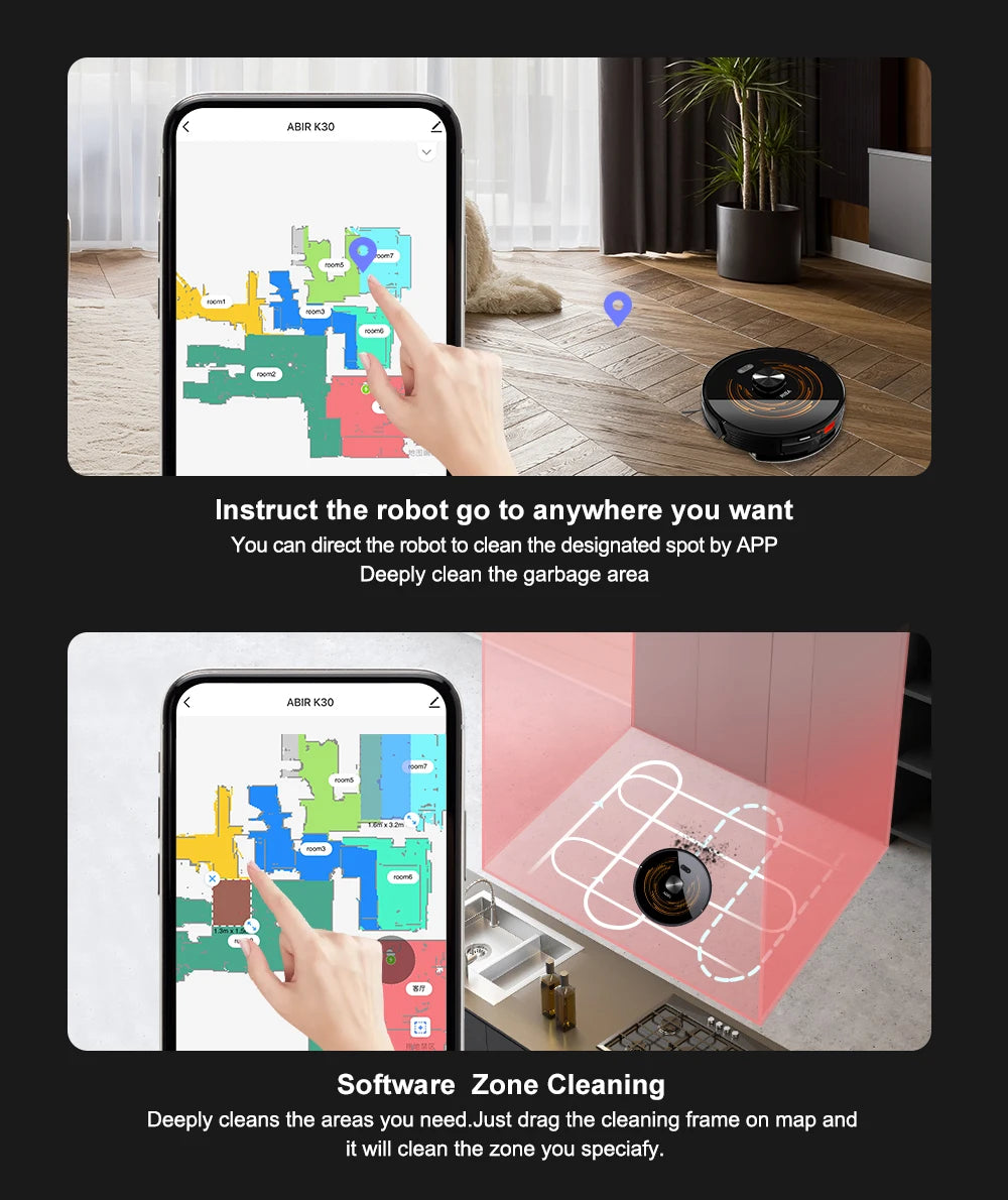 ABIR K30 Robot Vacuum Cleaner – Auto-Empty Dock, UV Spot Cleaning, 6500Pa, Multi-Floor Map