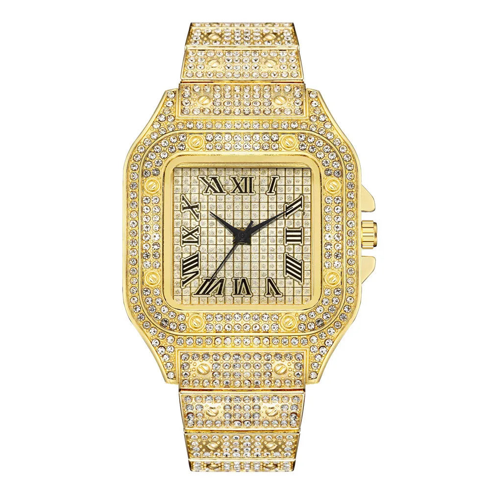 Men's luxury square rhinestone quartz watch with steel strap, stylish business wristwatch, featuring a sleek design and sparkling accents.