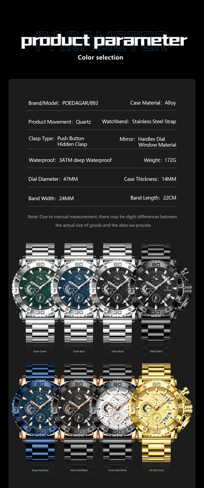 POEDAGAR Men's Luxury Chronograph Watch – Calendar, Luminous, Waterproof, Stainless Steel Quartz