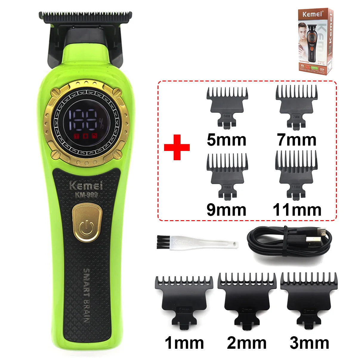 Kemei KM-999 Professional Hair Trimmer – DLC T-Blade, Zero Gap, LED Display, Cordless USB Clipper