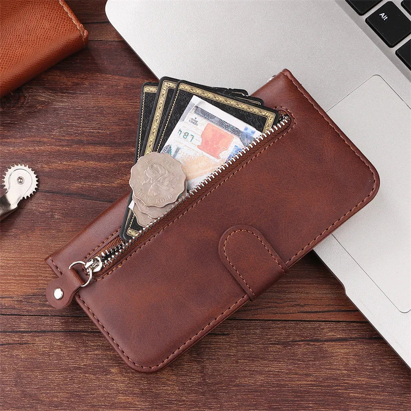 Leather iPhone 16 Plus zipper wallet case with card slots and magnetic stand, offering protection and convenient storage.