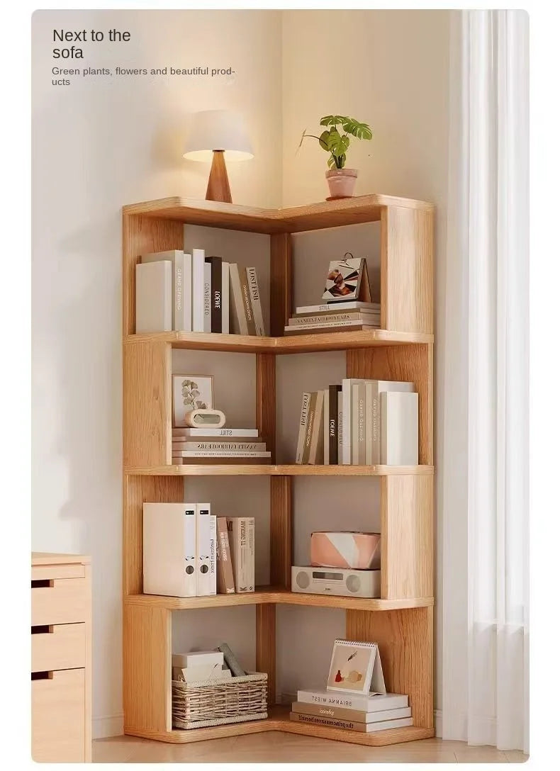 Solid wood corner bookshelf by R.E.D. Shopping featuring multiple shelves for stylish, space-saving home storage in living rooms.