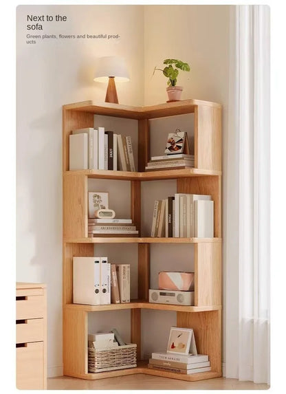 Solid wood corner bookshelf by R.E.D. Shopping featuring multiple shelves for stylish, space-saving home storage in living rooms.