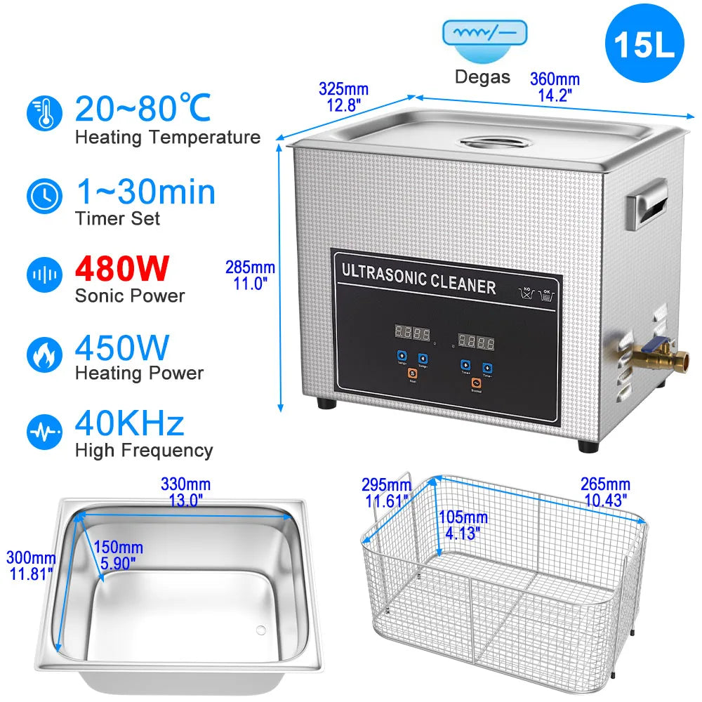 Ultrasonic Cleaner Bath 800ml–30L – Heated 35W–900W Portable Washing Machine, EU/UK/AU/US Plug
