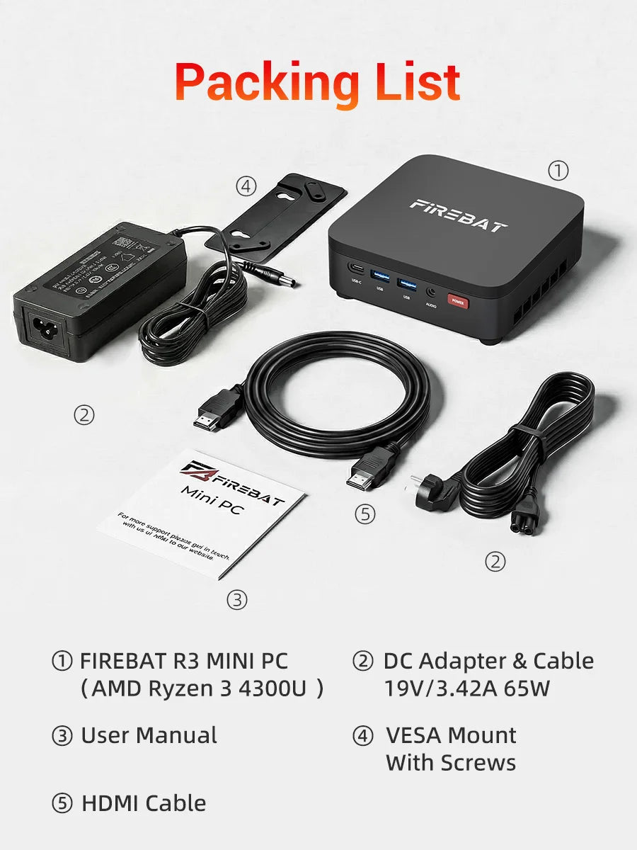 FIREBAT R3 Mini PC AMD Ryzen 3 4300U | 16GB RAM | 512GB SSD | WiFi 6 | 3×4K | Windows 11