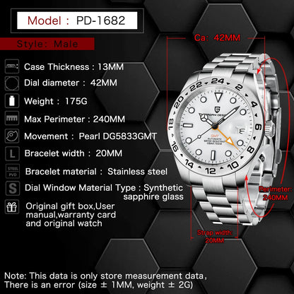 PAGANI DESIGN PD1682 GMT Automatic Watch – 42mm Sapphire Crystal, Stainless Steel, 100M Water Resistant