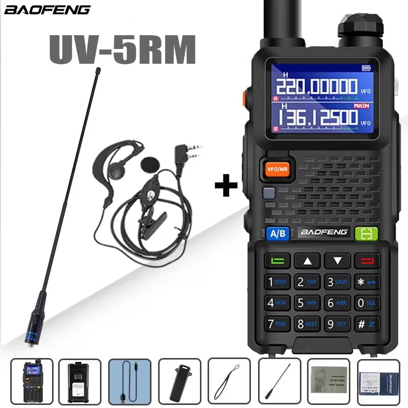 Baofeng UV-5RM walkie talkie with four-band radio, high-capacity 3800mAh battery, and multiple channels for communication.