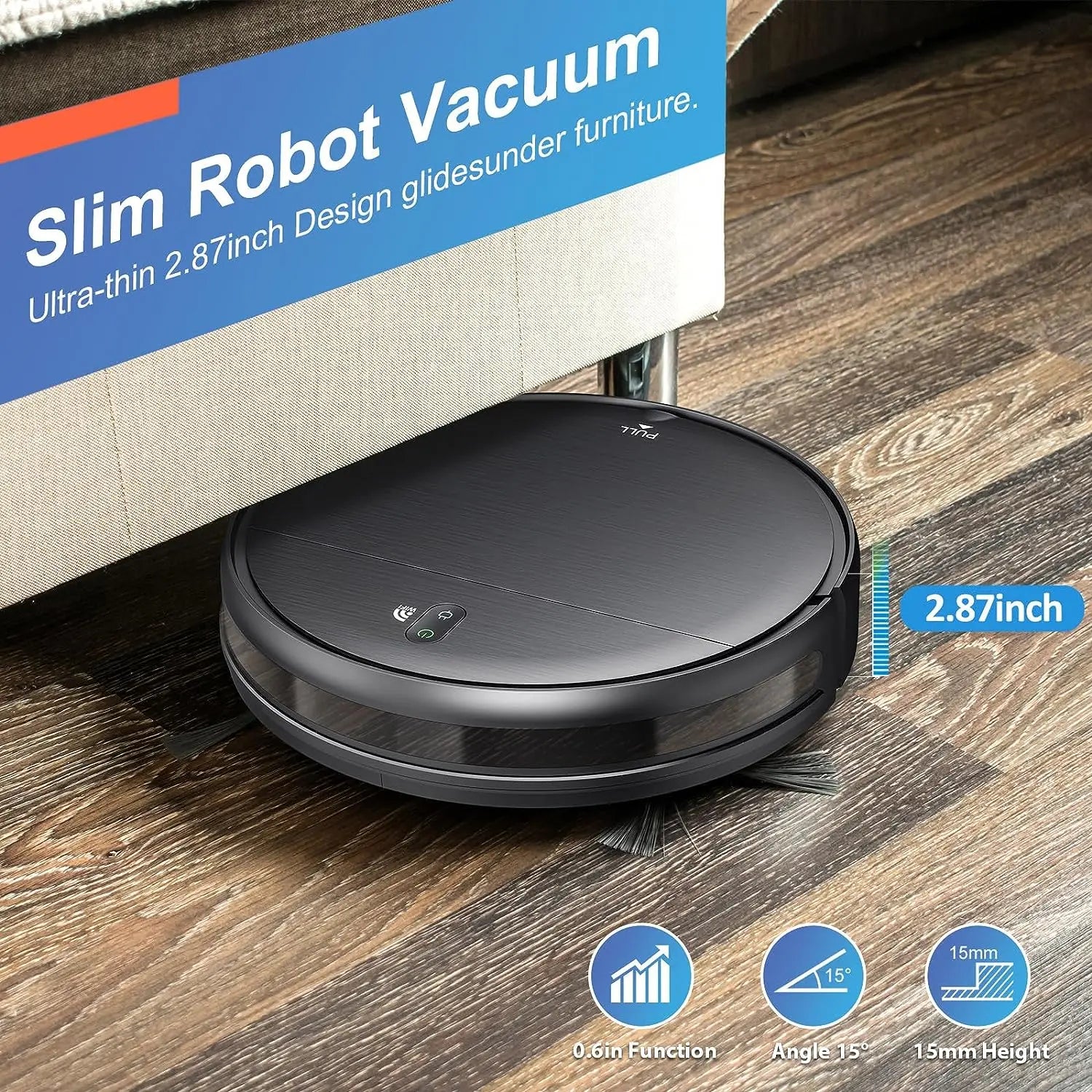 RAYFURN Robot Vacuum Cleaner with 6000Pa suction, auto charging, and mopping feature in a modern home setting
