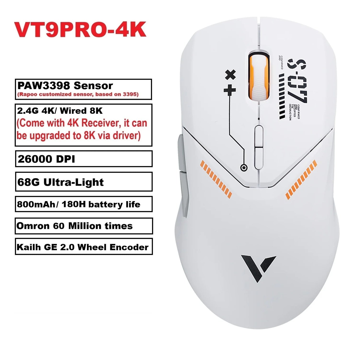 Rapoo VT9PRO Wireless Gaming Mouse – PAW3398, 68g, 26000DPI, Type-C, Programmable, Ergonomic