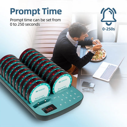 RETEKESS TD167A wireless restaurant calling system with coaster pager, used in food trucks, cafés, and hotels for guest notifications