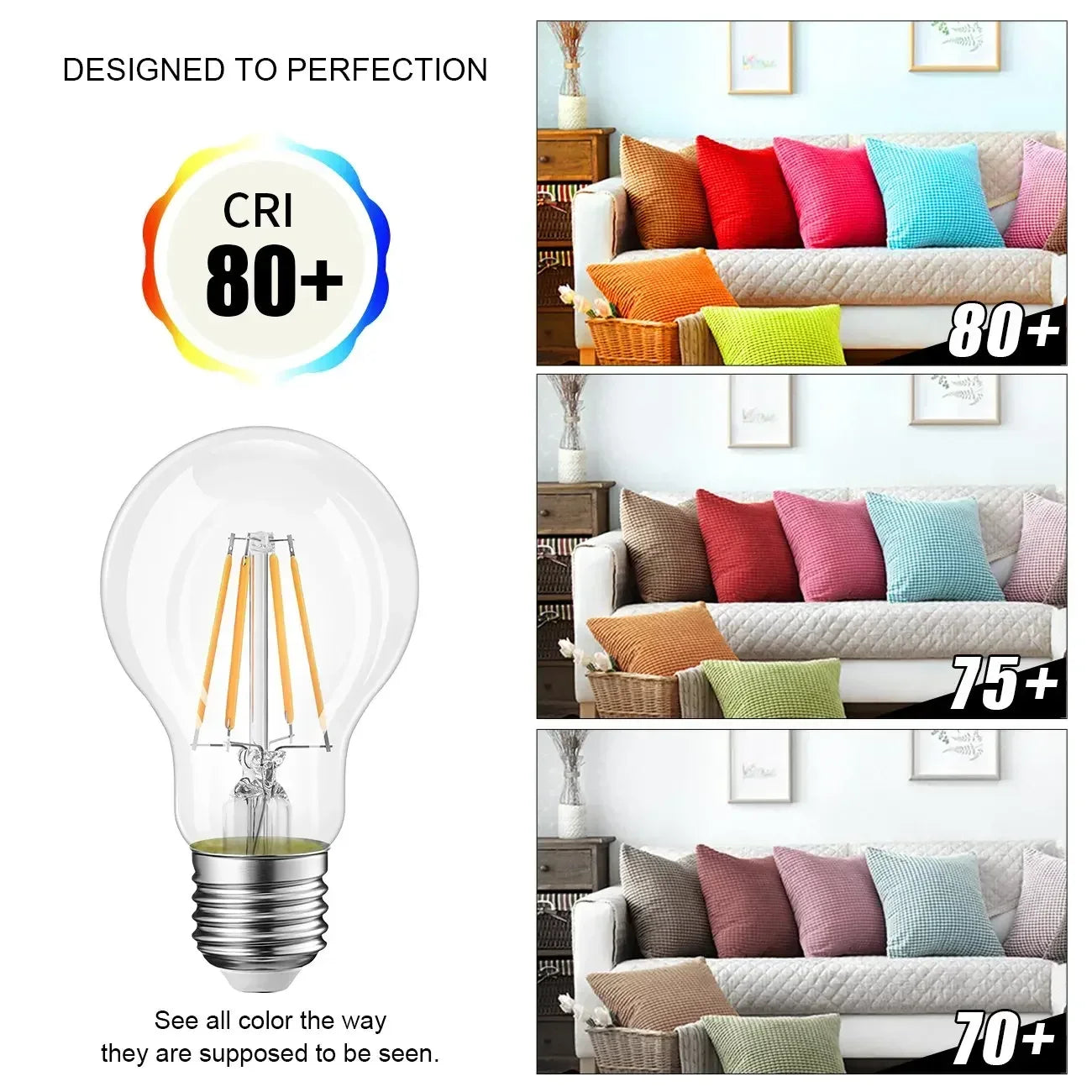 Melery E26 E27 LED Light Ball Bulb Edison Screw Filament A60 Lamp  8W Equivalent 80W Clear Incandescent [Energy Class A++] 3PACK