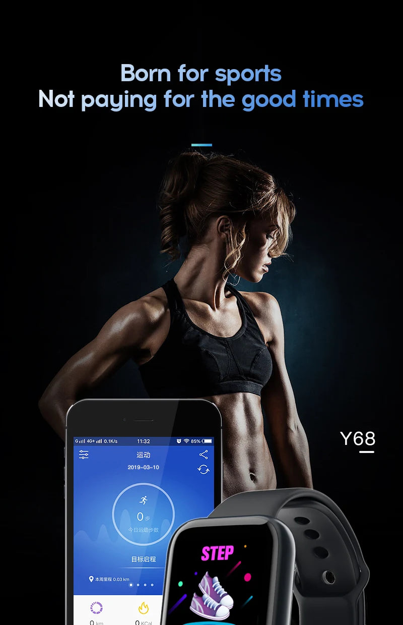 R.E.D. Sports Smartwatch with fitness tracker, sleep monitor, music control, and alarm clock features on a sleek bracelet design.