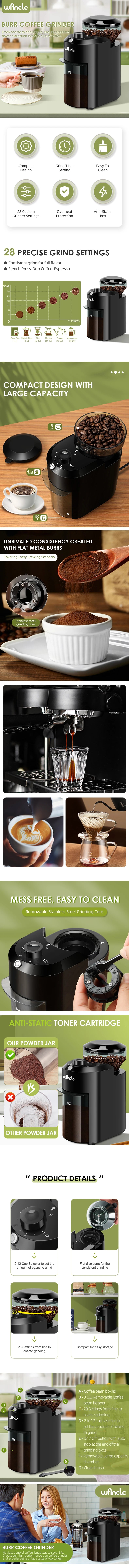Electric Burr Coffee Grinder | 31 Grind Settings | 200g | EU 220V