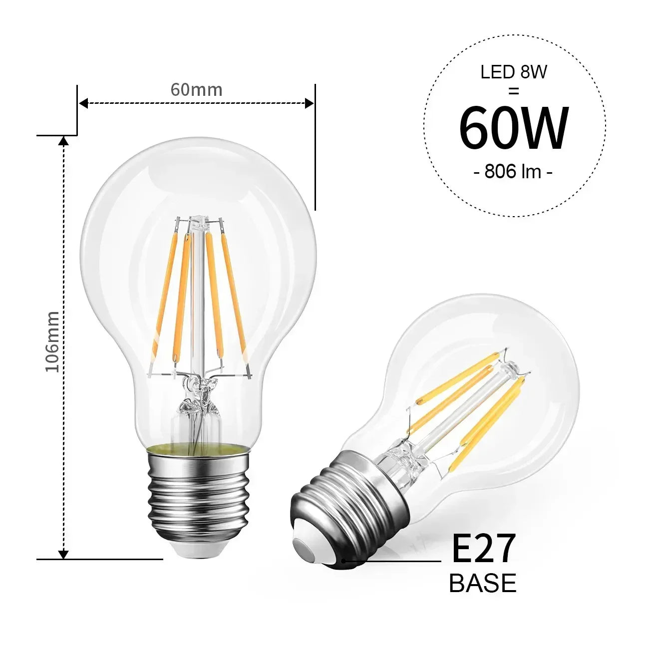 Melery E26 E27 LED Light Ball Bulb Edison Screw Filament A60 Lamp  8W Equivalent 80W Clear Incandescent [Energy Class A++] 3PACK