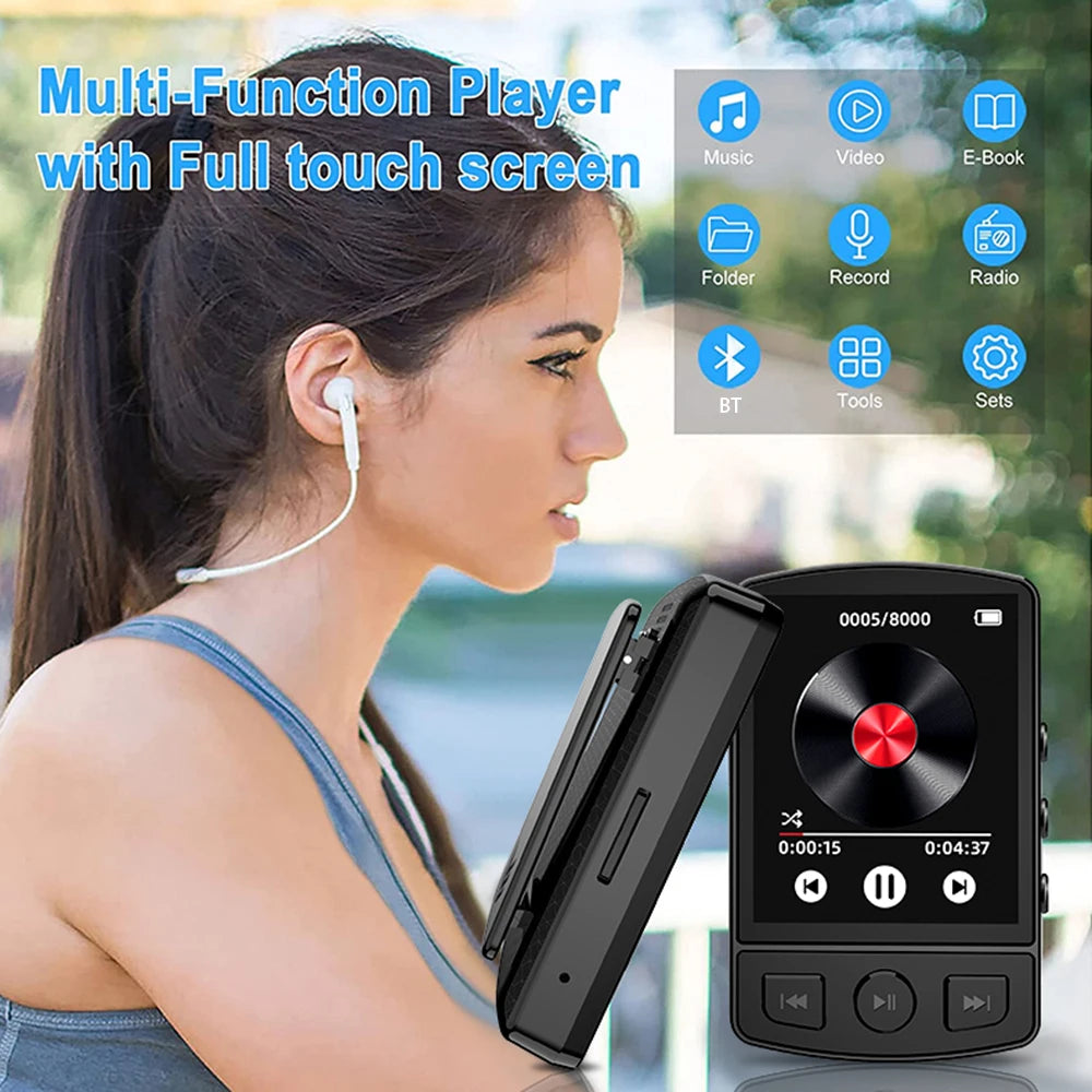 Portable Bluetooth 5.2 MP3/MP4 Music Player – 1.8" Screen, FM Radio, E-Book, Recorder, Clip Sport Walkman