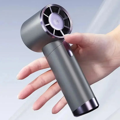 Portable R.E.D. handheld electric fan with aluminum alloy body, digital display, multiple speeds, rechargeable battery, and large wind output.
