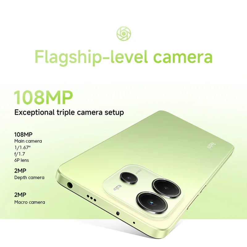 Xiaomi Redmi Note 14 smartphone with 108MP camera, 6.5-inch display, MediaTek Helio G99 processor, and 120Hz refresh rate.