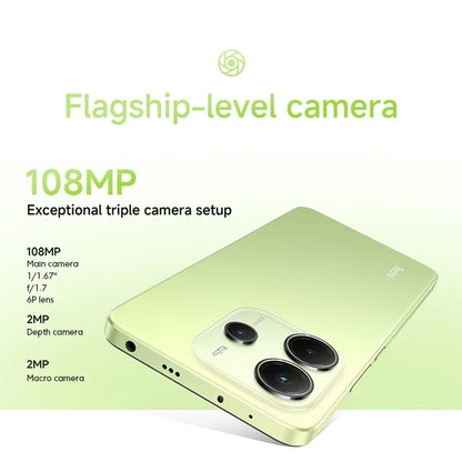 Xiaomi Redmi Note 14 smartphone with 108MP camera, 6.5-inch display, MediaTek Helio G99 processor, and 120Hz refresh rate.