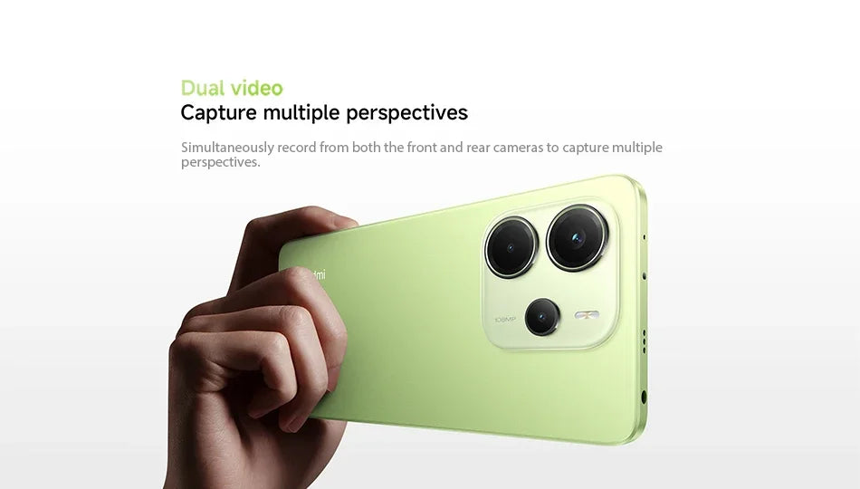 Xiaomi Redmi Note 14 smartphone with 108MP camera, 120Hz display, and MediaTek Helio G99 processor, black front view.