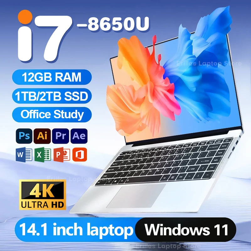 2026 Portable Laptop – Intel Core i7 8650U, 12GB RAM, up to 2TB SSD, Windows 11