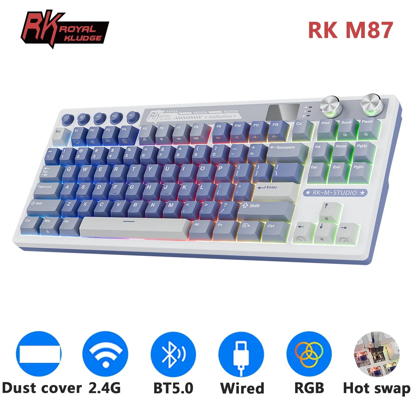 RK Royal Kludge M87 Wireless Mechanical Keyboard – 87 Key, Hot-Swap, BT/2.4G/USB-C, TFT Screen