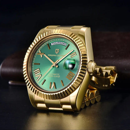 PAGANI DESIGN Men's Automatic Watch – 40mm, NH36A, AR Sapphire Glass, Date & Week, Gold Green