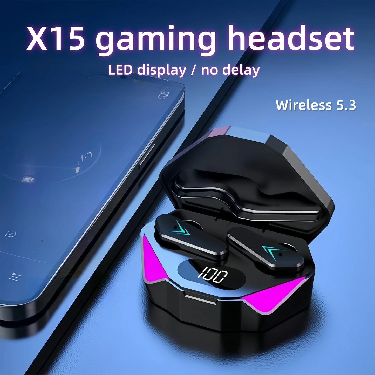 R.E.D. Shopping X15 TWS gaming earbuds with Bluetooth 5.3, hybrid driver, noise reduction, compact design, in-ear audio device