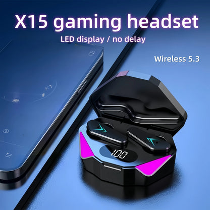 R.E.D. Shopping X15 TWS gaming earbuds with Bluetooth 5.3, hybrid driver, noise reduction, compact design, in-ear audio device