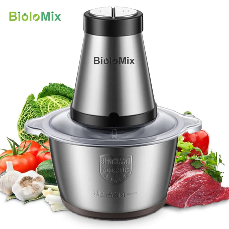 BioloMix 500W Electric Meat Grinder & Food Chopper – 2L Stainless Steel, 2 Speeds, Slicer | 110V / 220V