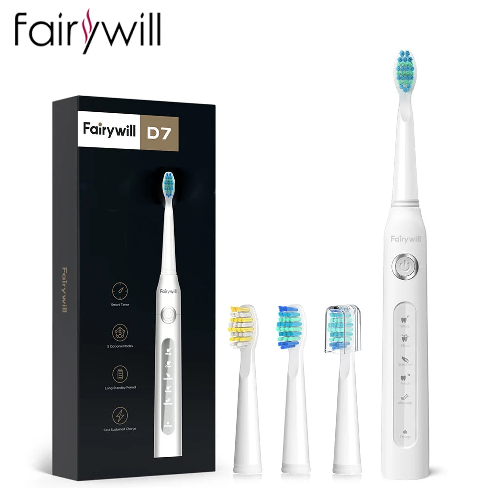 Fairywill FW-507 Electric Sonic Toothbrush – USB Rechargeable, Waterproof, Replacement Heads