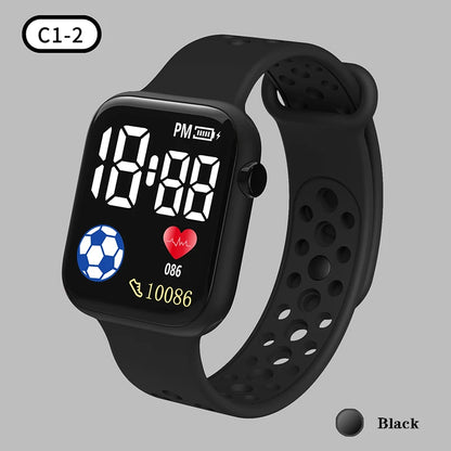Kids LED digital sports watch with football design, silicone strap, suitable for boys and girls, by R.E.D. Shopping.