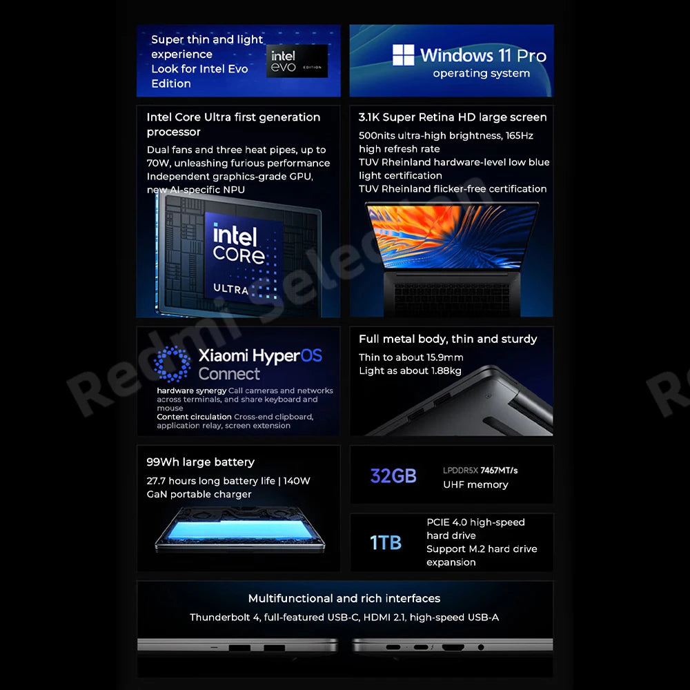 Xiaomi RedmiBook Pro 16 – Intel Core Ultra 5/7, ARC Graphics, 32GB DDR5, 1TB SSD, 3.1K 165Hz