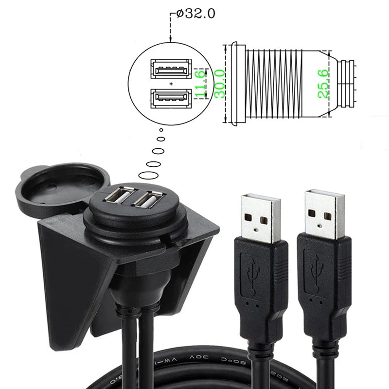 USB Panel Flush Mount Extension Cable with LED – USB 2.0/3.0, 1m/2m, for Car, Truck, Boat, Motorcycle Dashboard