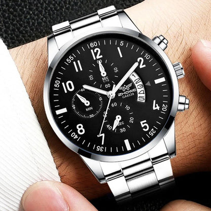 Men's luxury business watch with steel strap and calendar display from R.E.D. Shopping, featuring a sleek, sophisticated design.