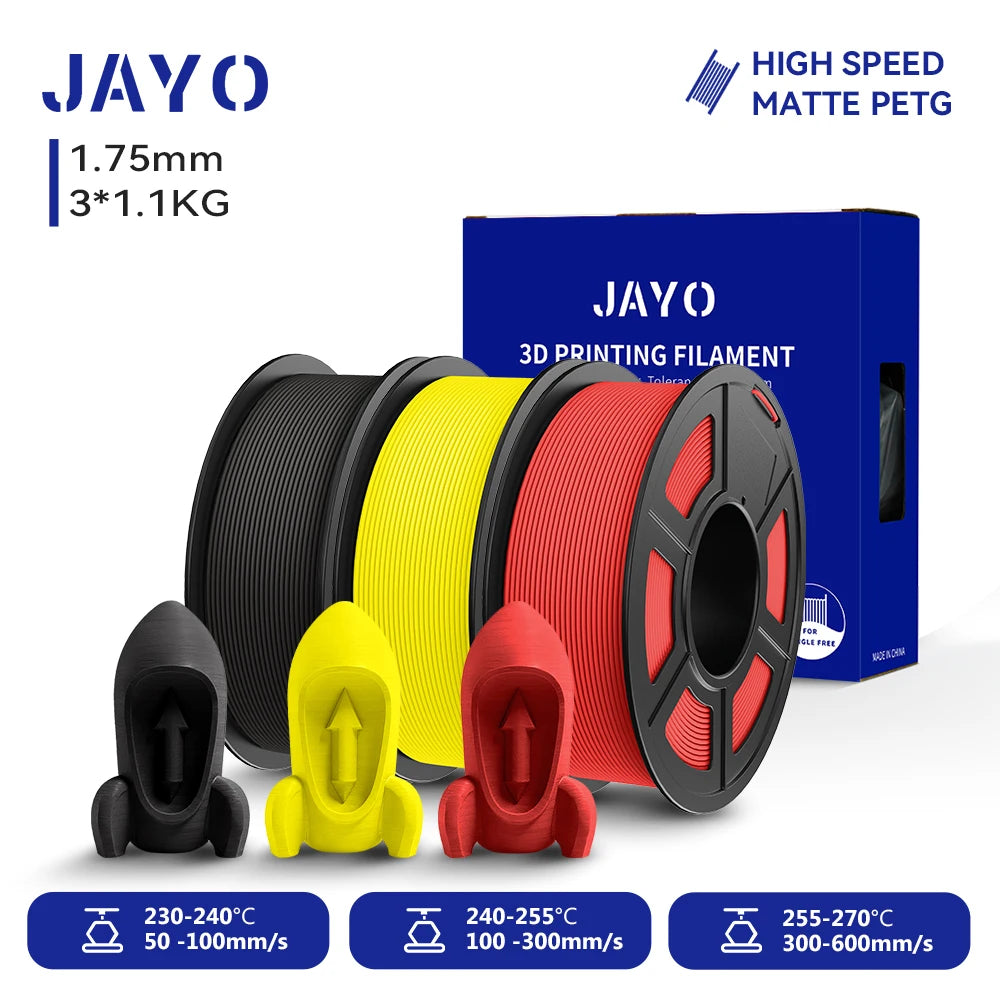 JAYO PETG/High Speed Matte PETG 3D Printing Filament 1.75MM Mix-Colors & No bubbles &Non-toxic For 3D Printer & Pen 3Rolls