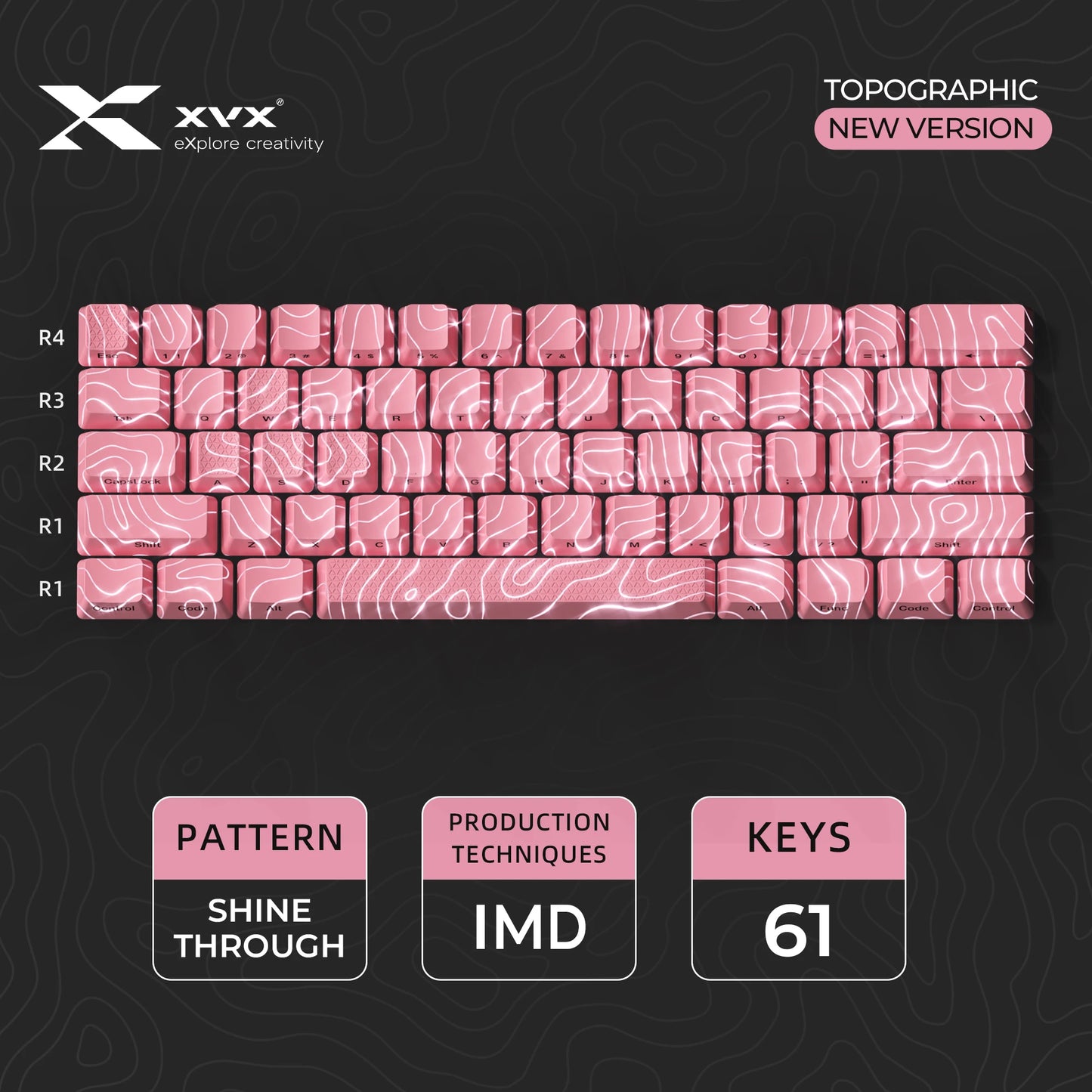XVX Topographic Keycaps 118 Keys – OEM Profile, Shine-Through, IMD-Tech, Side Print