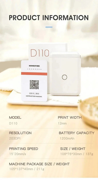 Niimbot D110 Portable Mini Label Printer – Thermal, Inkless, Bluetooth, UV
