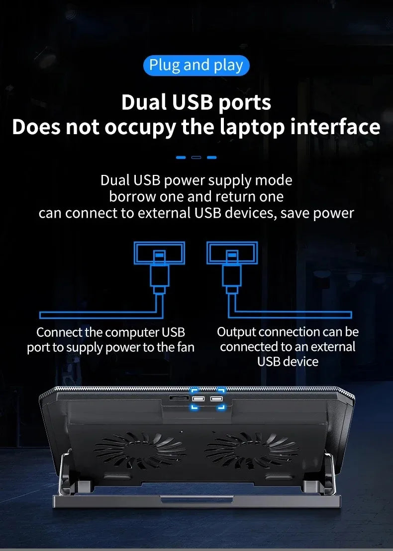 R.E.D. Shopping Q100 17-inch gaming laptop cooling pad with LED screen, dual USB ports, and 2600RPM fan for cooling and stability.