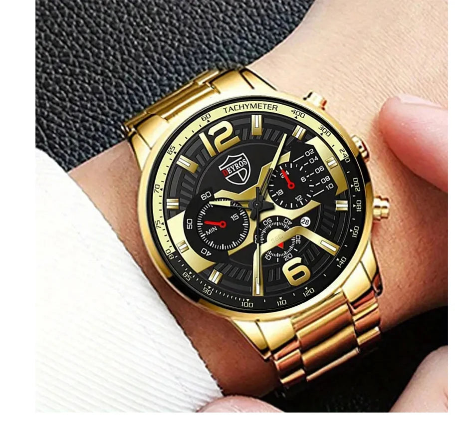 DEYROS 5-piece men's watch and jewelry gift set by R.E.D. Shopping, includes quartz calendar watch, necklace, and bracelet.