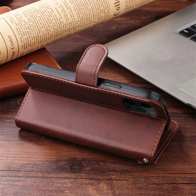 R.E.D. Shopping iPhone 16 Plus zipper wallet case with card slots, magnetic stand, and leather cover for mobile protection and convenience.