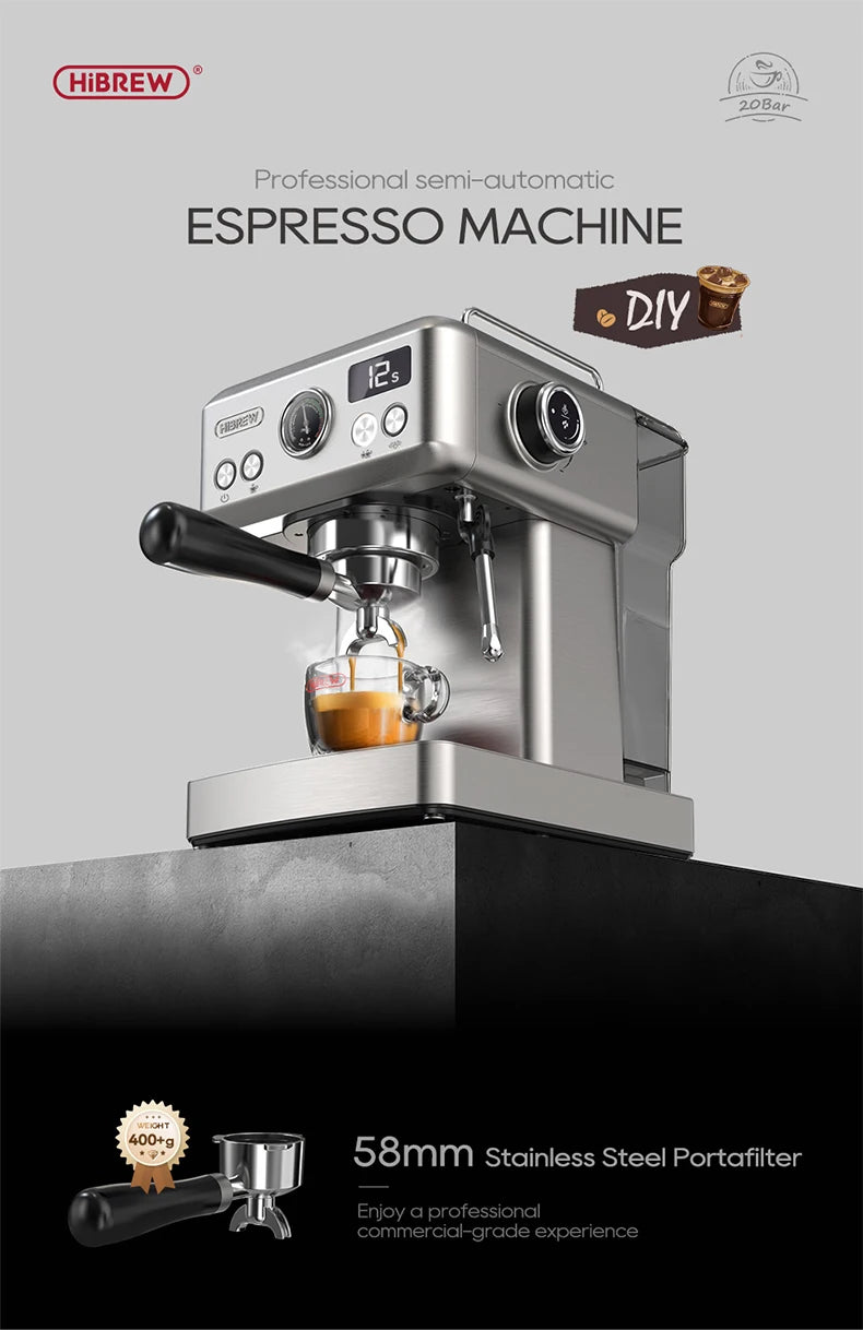 HiBREW H10A 20Bar Semi-Automatic Espresso Machine – 58mm Portafilter, Metal Case
