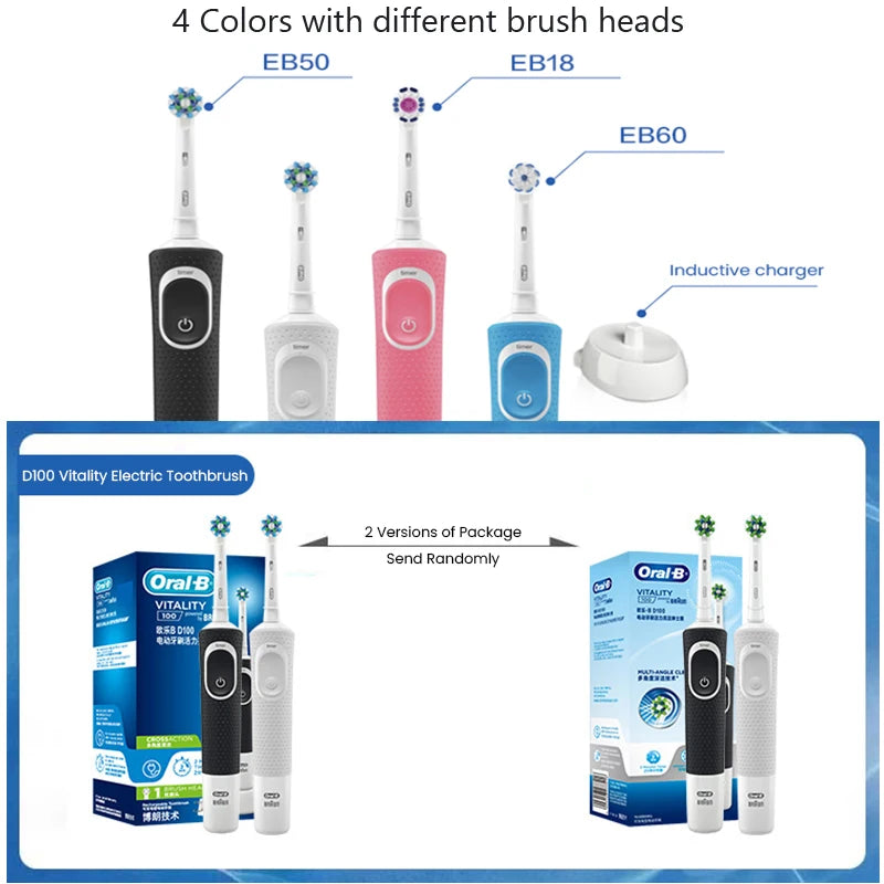 Oral-B D100 Vitality Electric Toothbrush – 2D Cleaning, 10000RPM, Timer, Inductive Charger
