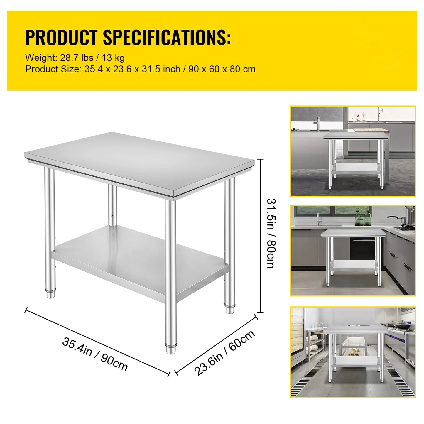 SucceBuy Stainless Steel Kitchen Work Bench – Commercial Catering Worktable with Undershelf | 286–330 LBS | Restaurant & Garage