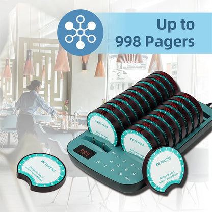RETEKESS TD167A wireless restaurant calling system coaster pager with buzzer for food trucks, cafés, and hotels.