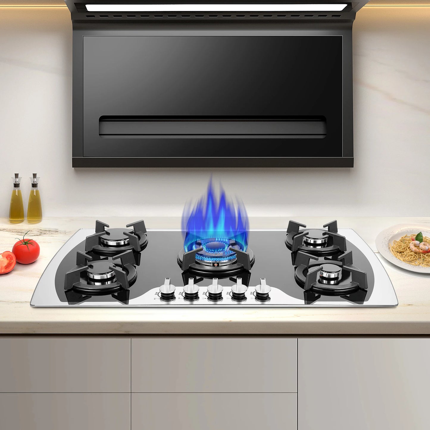5-Burner Gas Cooktop | Al-Alloy | Tempered Glass | Built-in | Domestic & Commercial