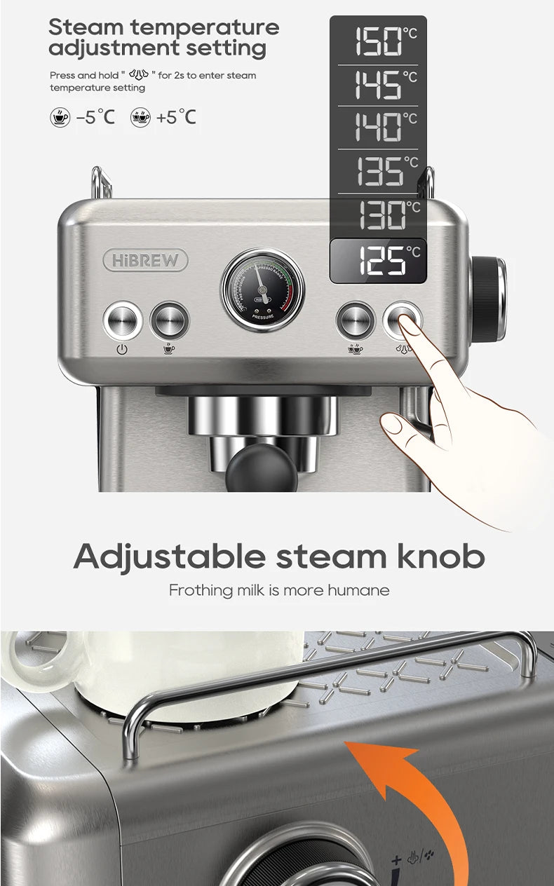 HiBREW H10A 20Bar Semi-Automatic Espresso Machine – 58mm Portafilter, Metal Case