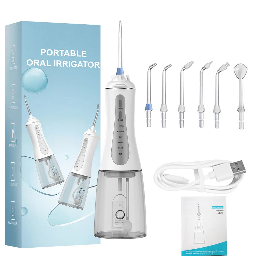 Oral Irrigator Water Dental Flosser – 350ml, 5 Modes, IPX7, 6 Nozzles, Rechargeable