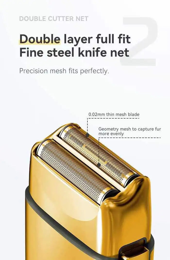 Kemei Km-Tx3 electric gold metal shaver with USB charging, anti-pinch technology, personal hair styling tool, modern design.